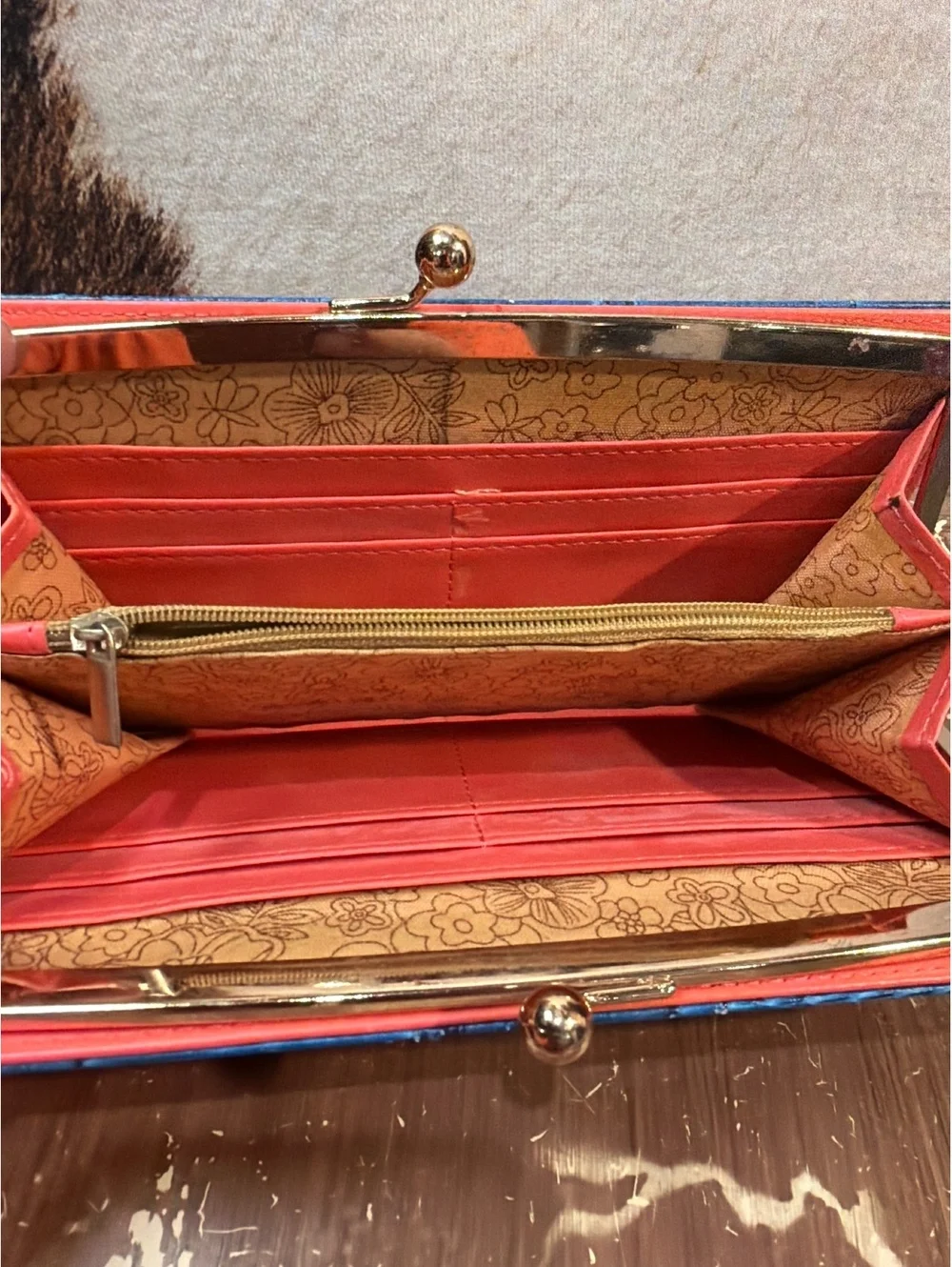 Vintage Blue and Coral Faux Leather Wallet with Floral Interior